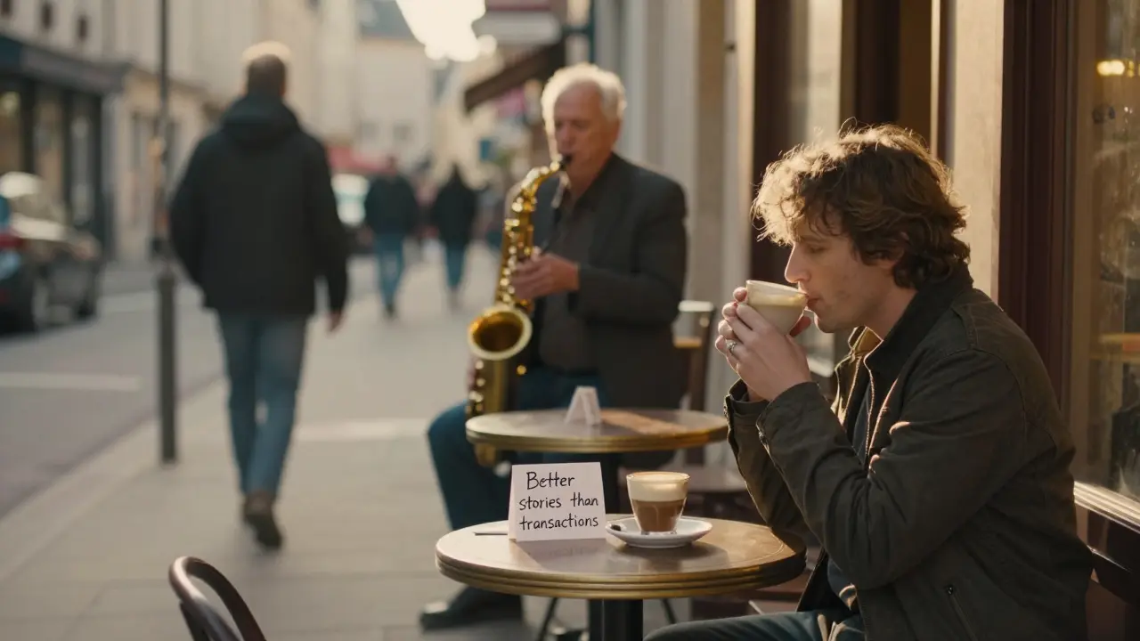 Traveler at a Paris café watching a jazz musician play, peaceful golden hour light, no escort-related elements.
