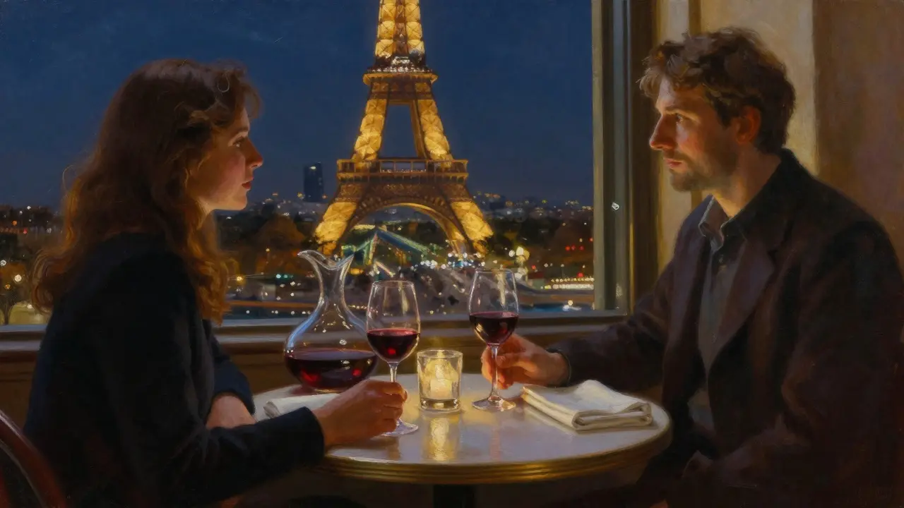 Two figures share a quiet dinner at a restaurant window table with the Eiffel Tower glowing softly in the background.