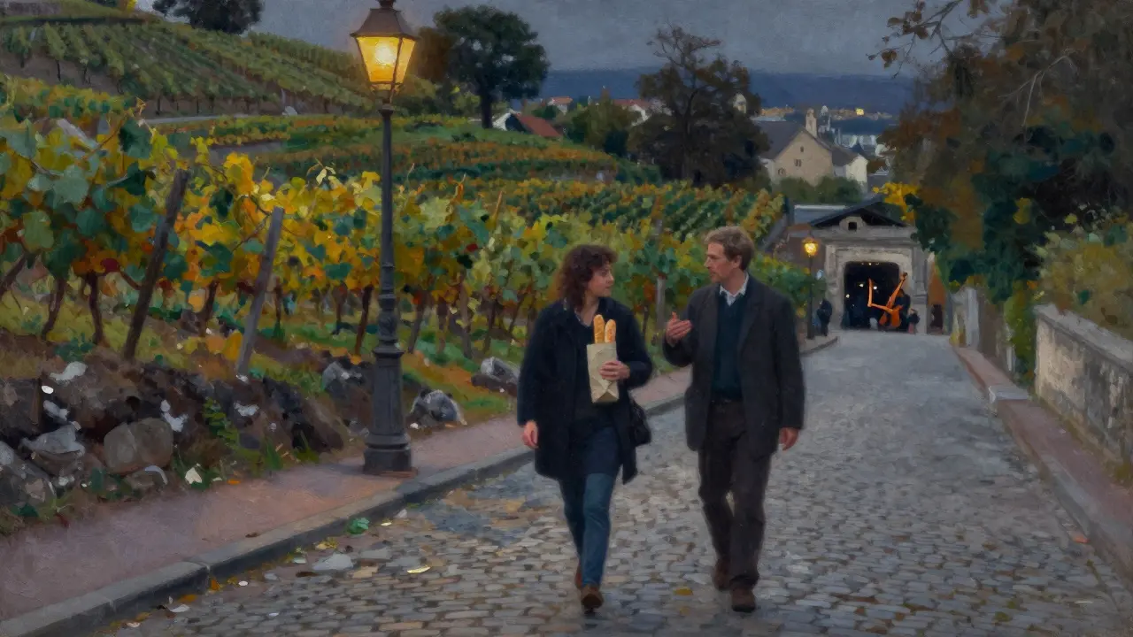 Two figures walk hand-in-hand along Montmartre&#039;s cobblestone streets at twilight, vineyards in the distance.