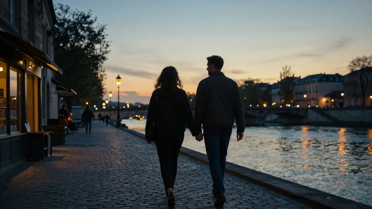 Two figures walking peacefully along the Seine at sunset, books and bridges in the background.