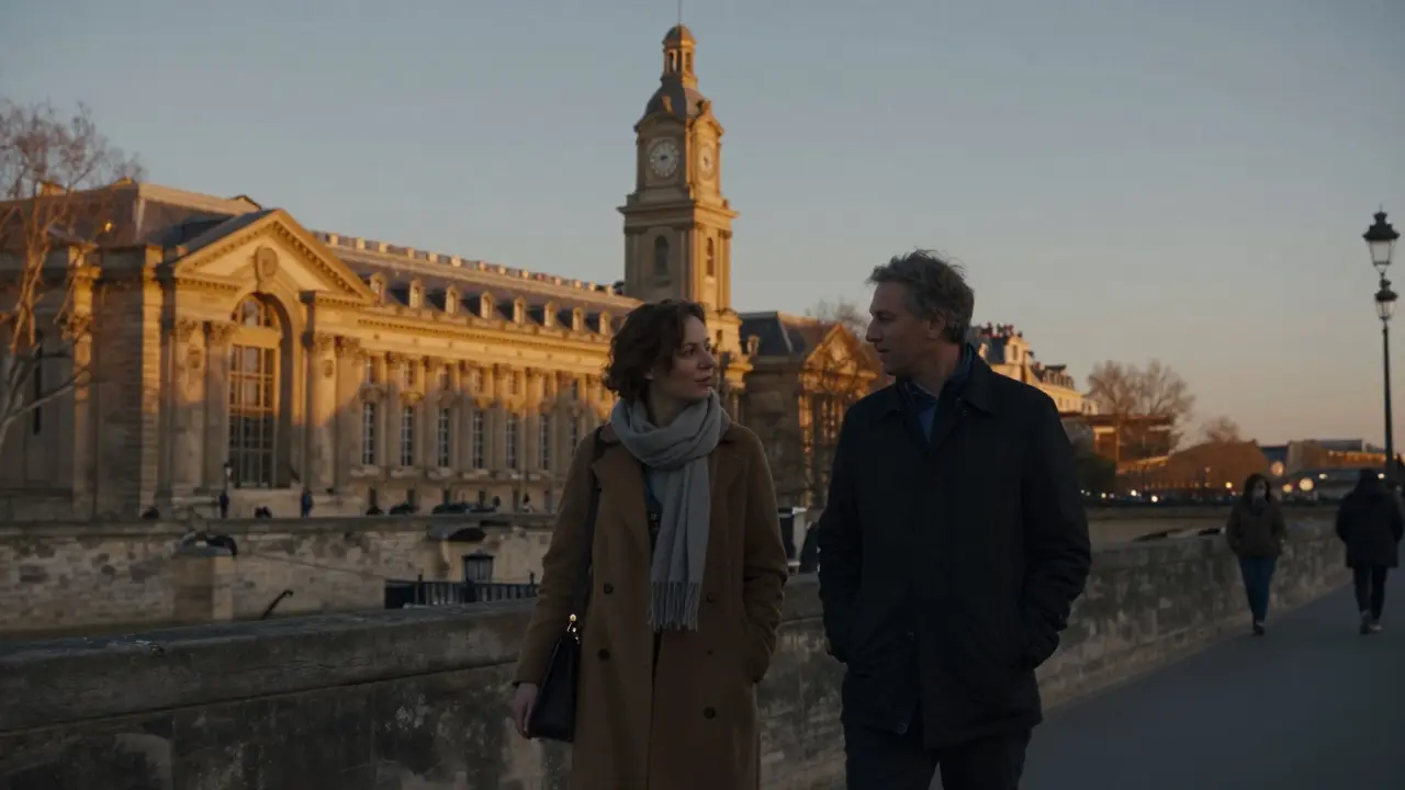 Two figures walking peacefully along the Seine at sunset, the Musée d'Orsay glowing behind them.