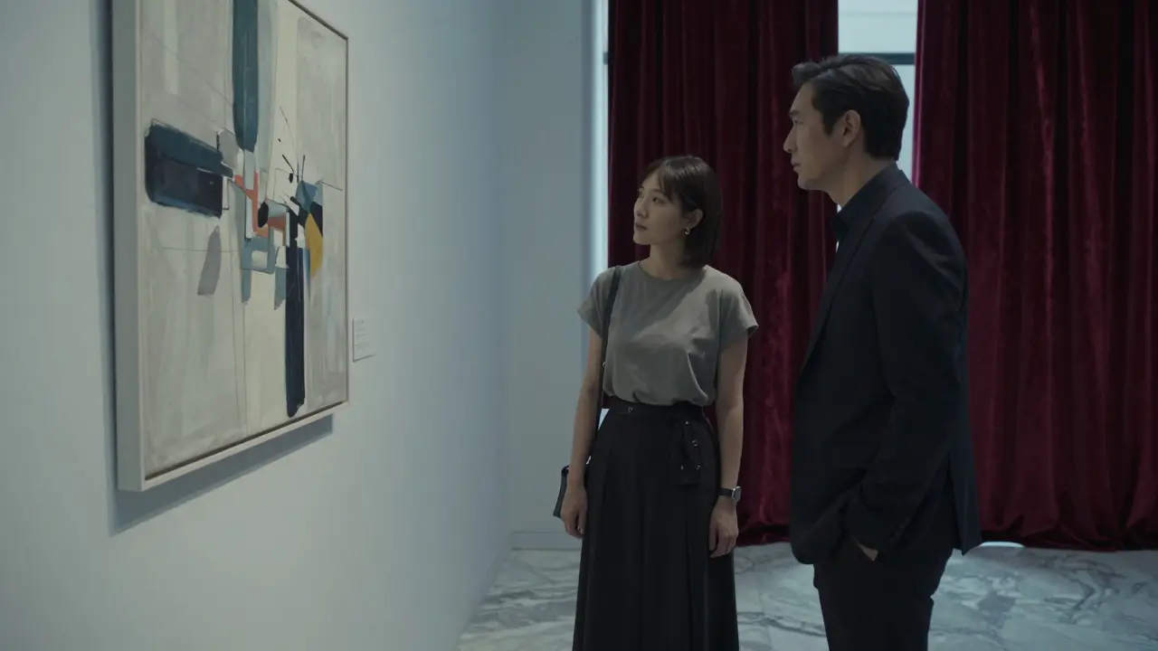 Two people quietly observe art in a Parisian gallery, one in a minimalist dress, the other listening intently.