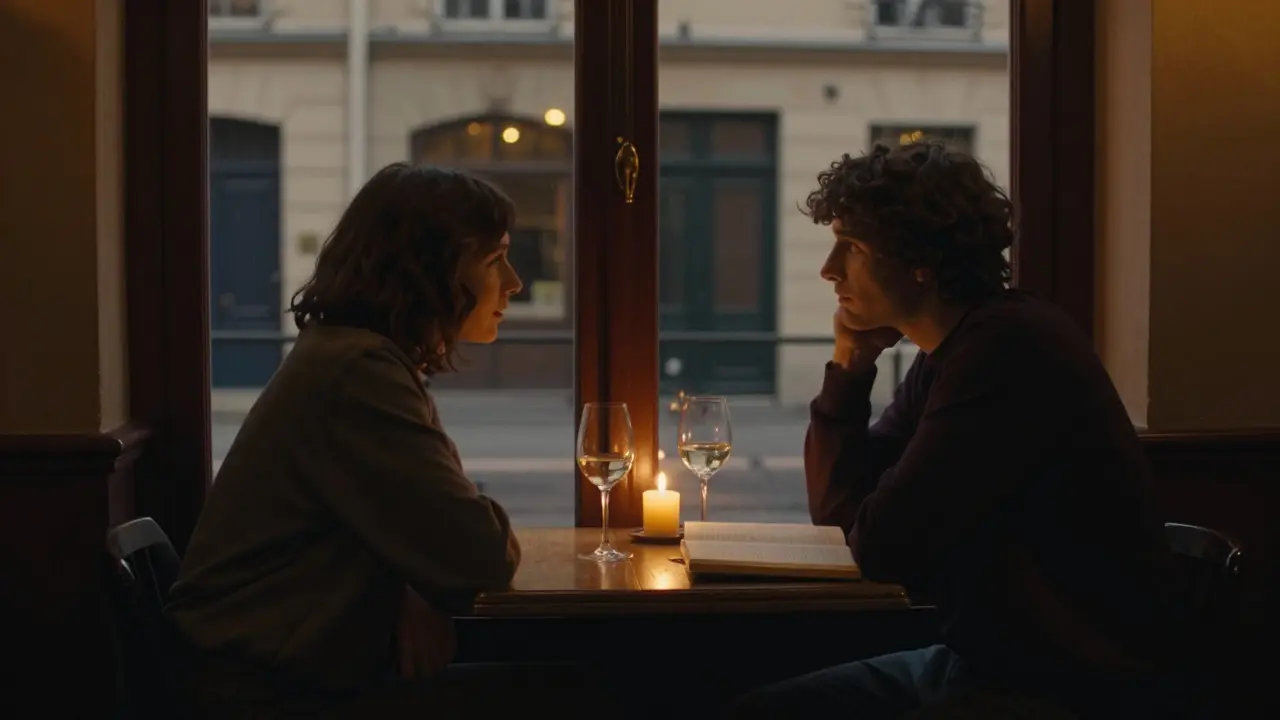 Two people share a quiet evening at a candlelit bistro table, wine and an open book between them, soft lighting and blurred courtyard lights behind.