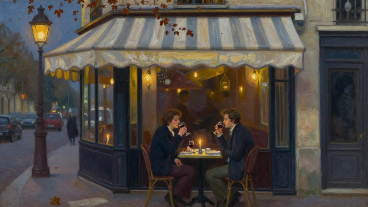 Two people share a quiet moment in a Parisian bistro, lost in thoughtful conversation.