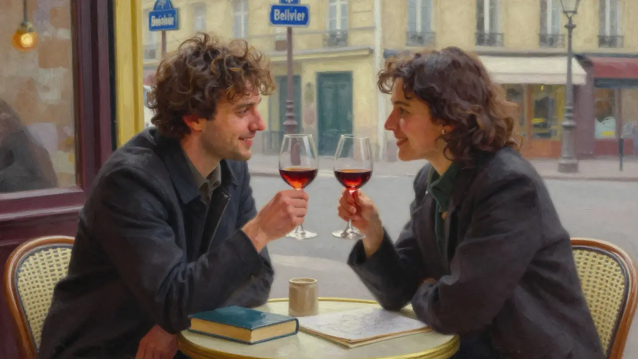 Two people sharing wine at a cozy bistro table in Belleville, Paris.