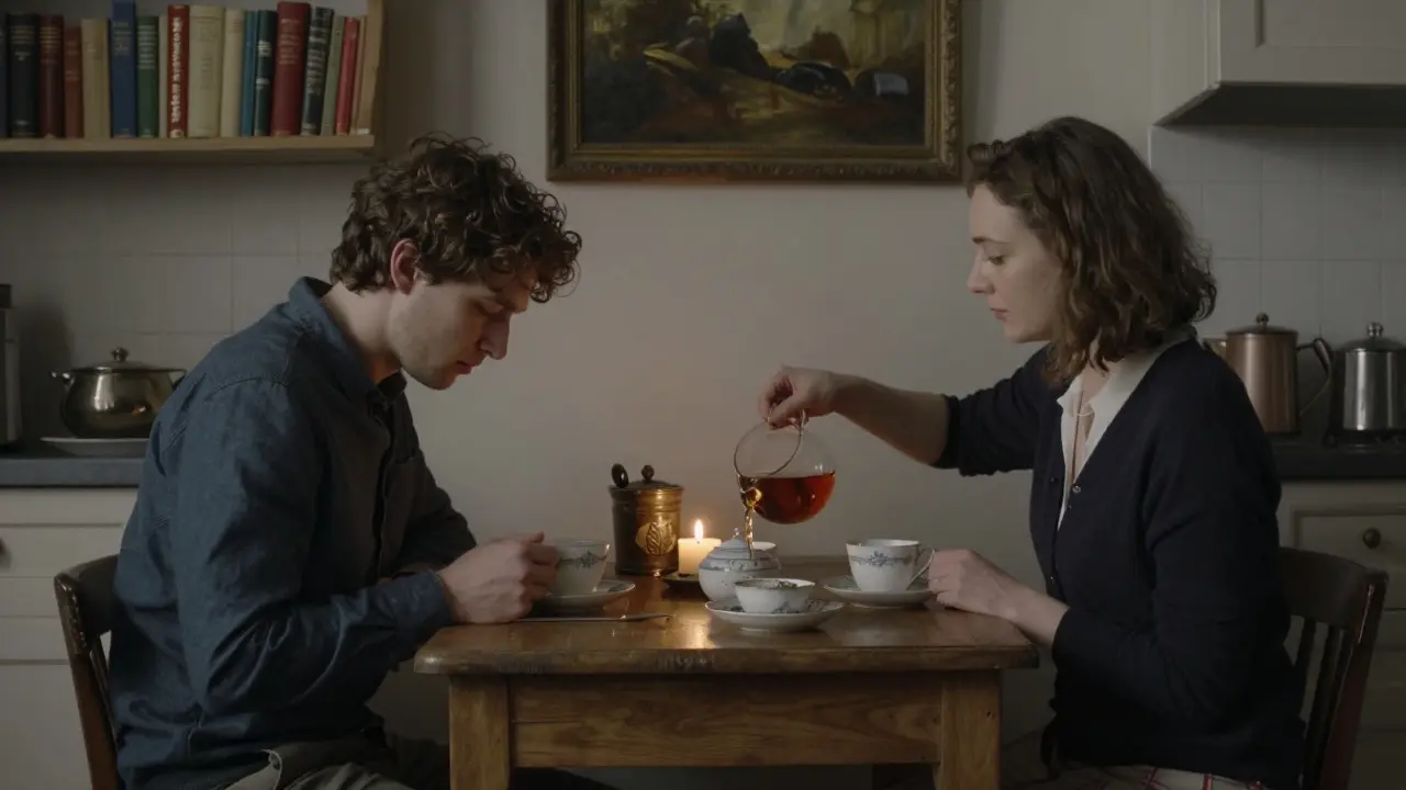 Two people sit in quiet kitchen silence, sharing tea by candlelight in a Paris home.
