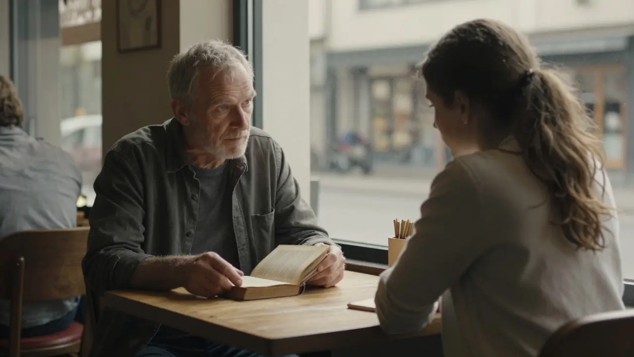 Two people sit quietly in a cozy café, sharing a moment of presence without words.