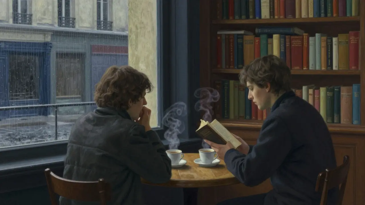 Two people talking over coffee in a quiet Parisian bar, soft lamplight and rain-streaked window.