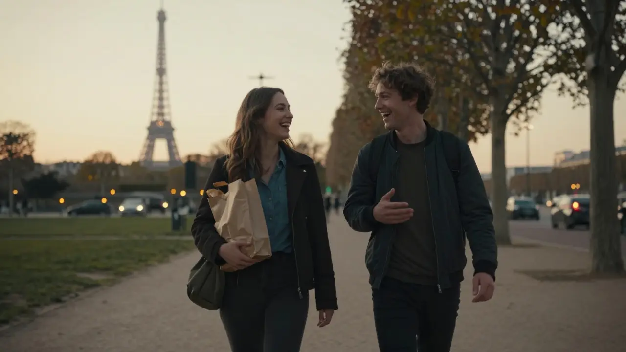 Two people walking together in Parc de Belleville at sunset, laughing and enjoying the evening air.
