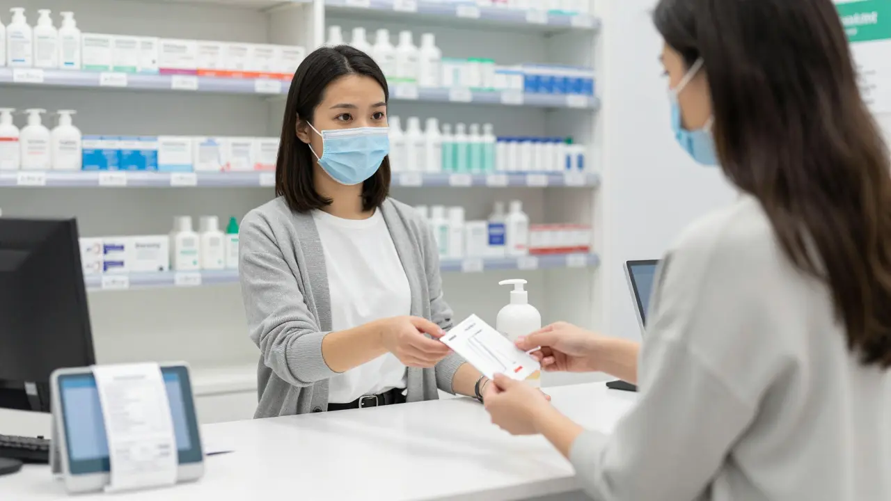 Woman receiving a health test kit and unscented body wash at a Paris pharmacy.