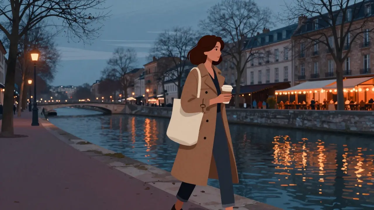 Woman walking by the Canal de l&#039;Ourcq at dusk with soft city lights reflecting on water.