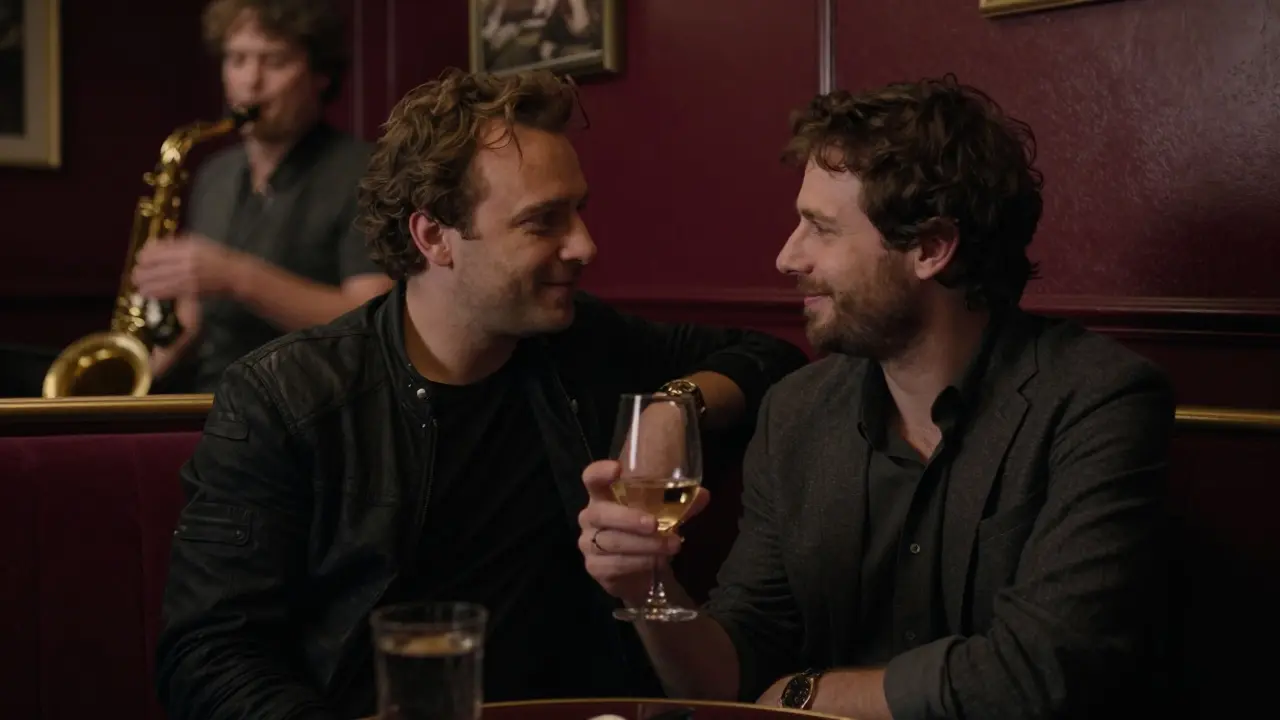 A man listens intently to his companion in a dim jazz bar in Le Marais, soft ambient lighting.