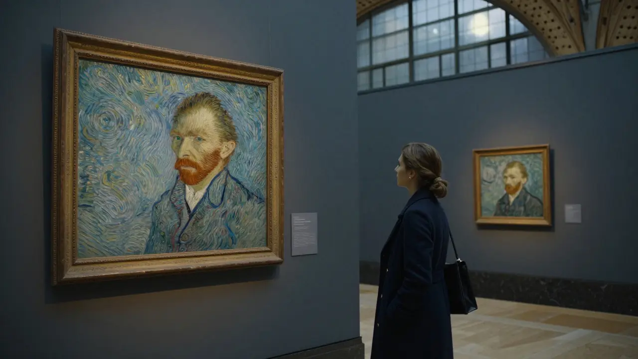 A private museum moment beside a Van Gogh painting, no crowds, just art and quiet companionship.