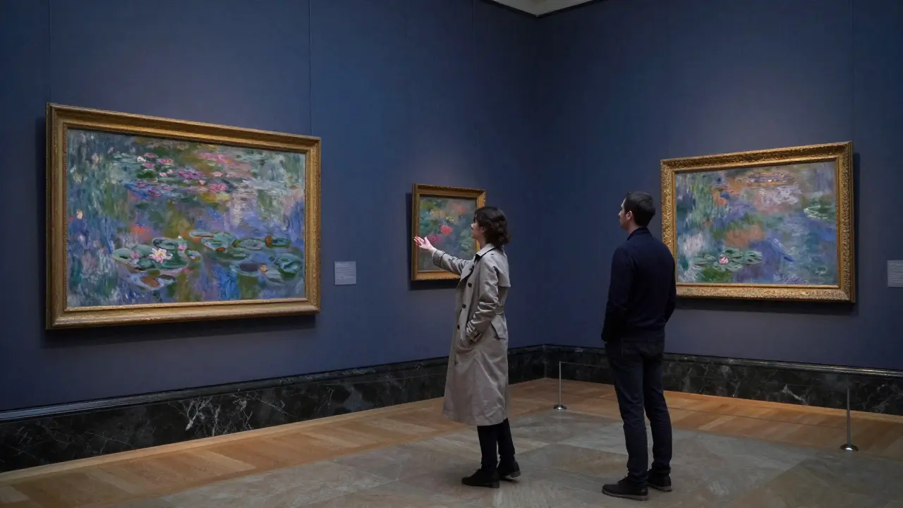 A private museum tour at dawn, a woman points to a painting as a man listens intently in an empty gallery.