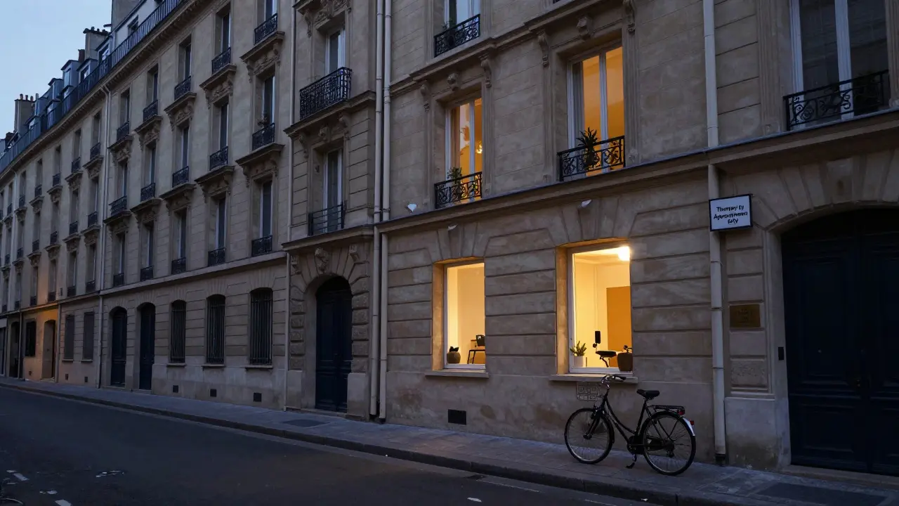 A quiet Paris street at dusk with one softly lit apartment window indicating a private therapy studio.