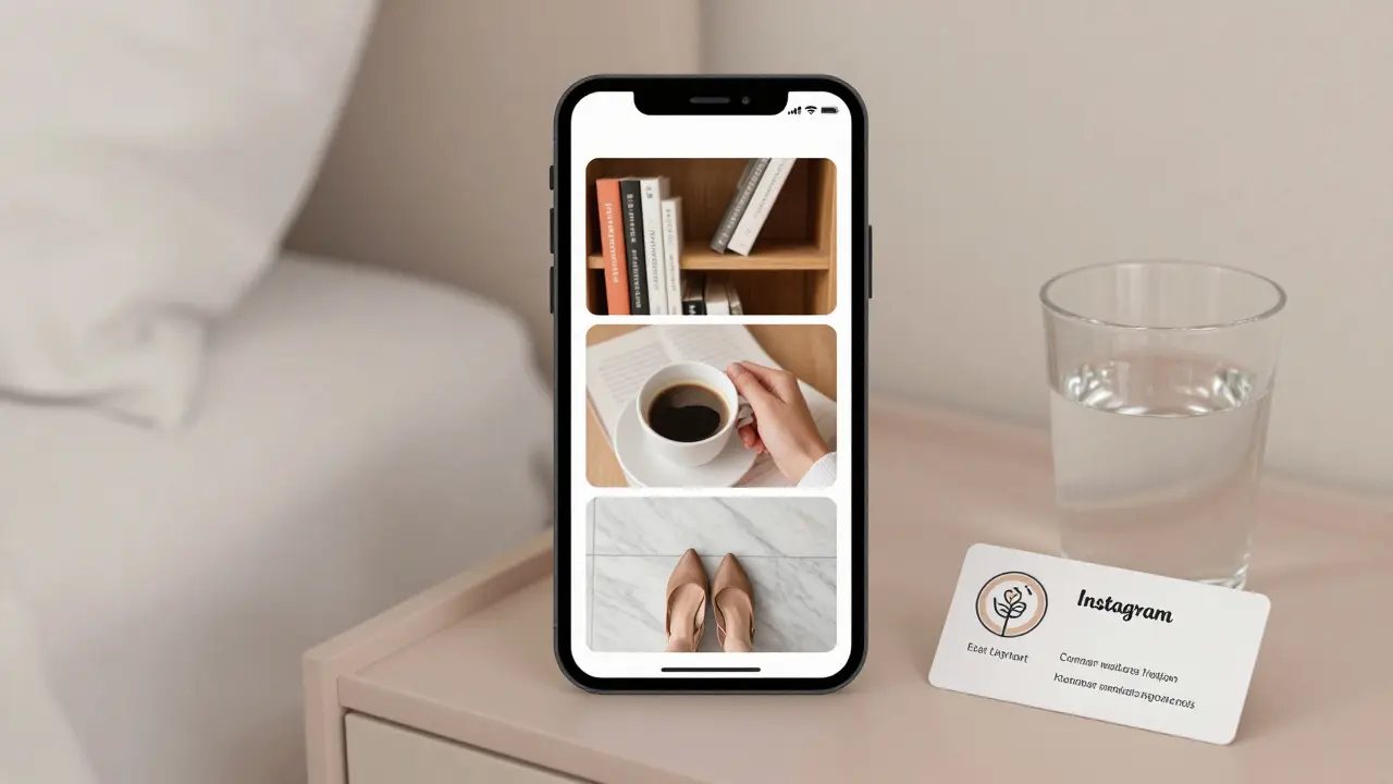 A smartphone displays a discreet Instagram profile with three quiet images: coffee, bookshelf, and heels on marble.