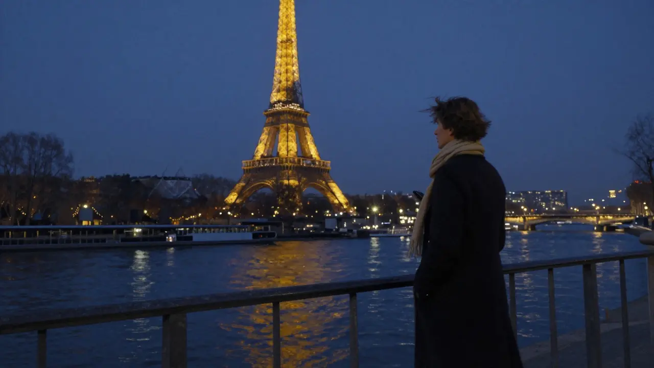A solitary figure reflects by the Seine, embodying presence and calm.