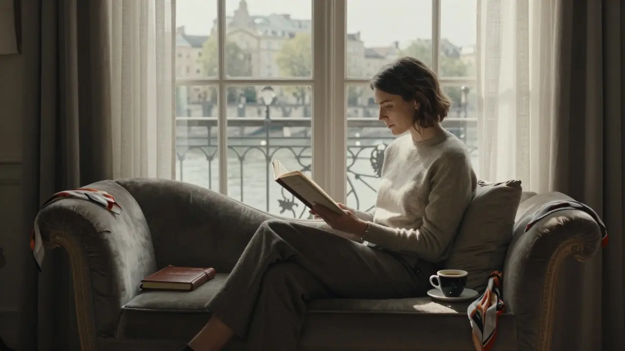 A woman reading Proust in a sunlit hotel suite overlooking the Seine.