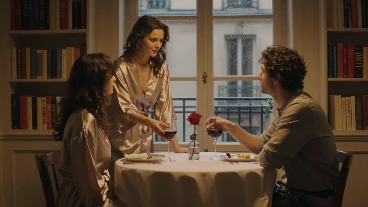 A woman serves wine to a guest in a cozy Parisian apartment, books and lamplight creating an intimate atmosphere.