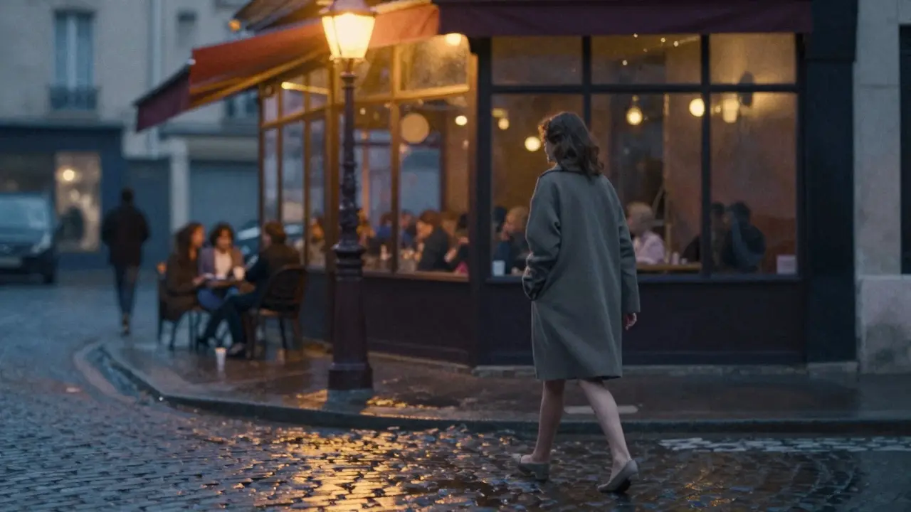 A woman walks alone at dusk in Paris, her reflection shimmering on wet cobblestones.