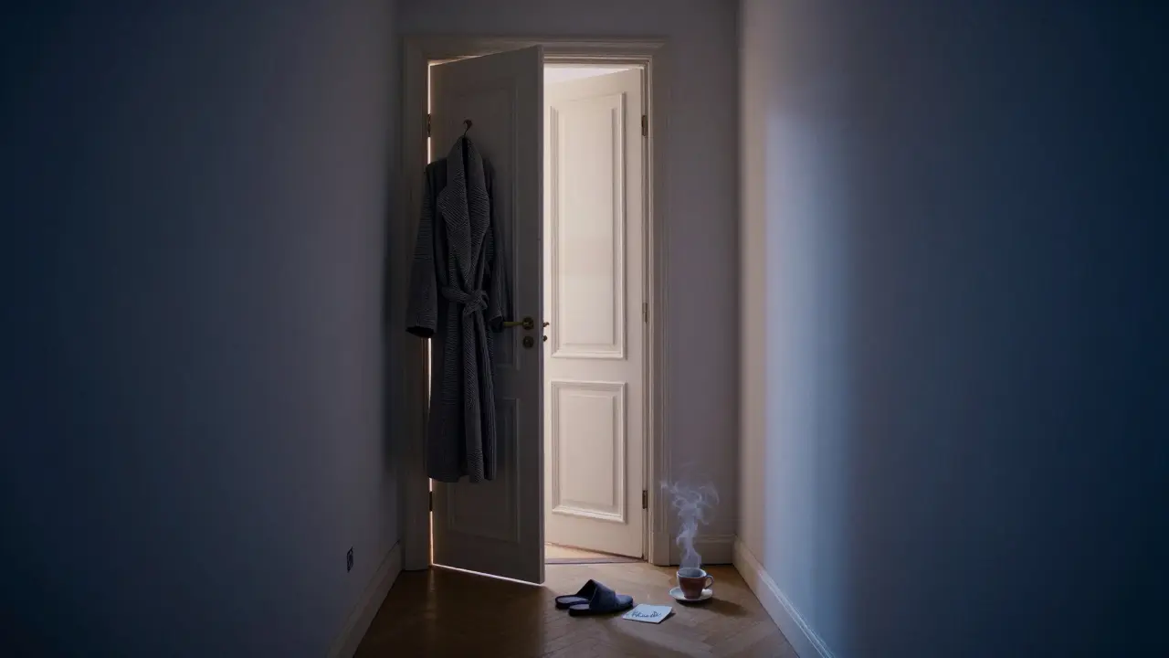 An empty hallway in a Paris apartment with a robe, slippers, and a steaming teacup, suggesting a moment of peace.
