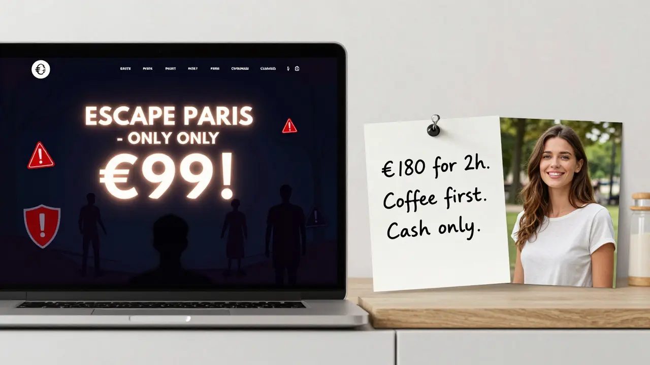 Contrast between fake cheap escort ad and honest handwritten note with real photo.