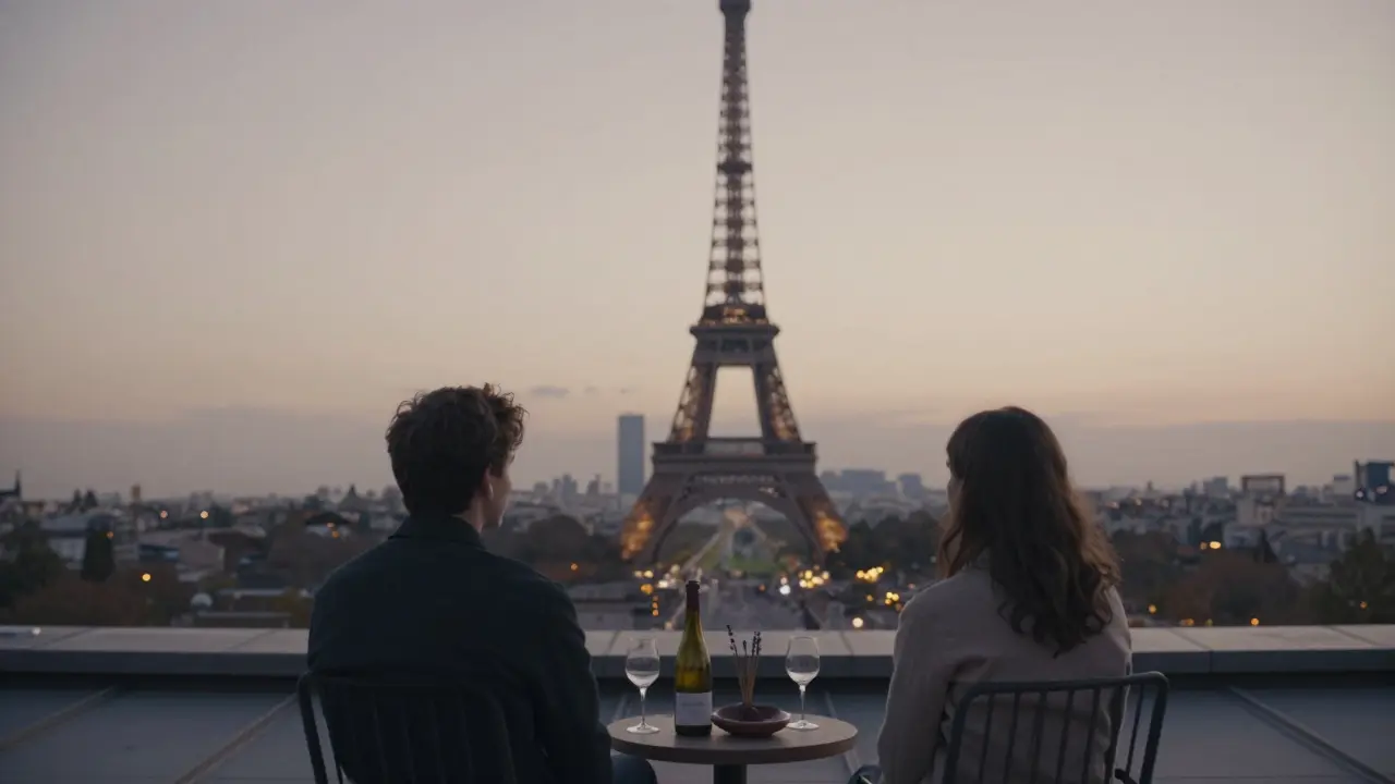 Silent rooftop at dusk with Eiffel Tower lights glowing, two figures sharing calm in the evening air.