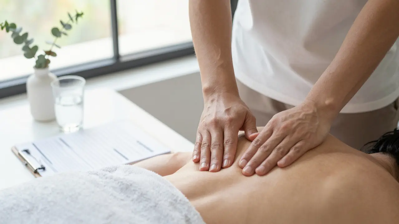 Therapist's hands performing a professional massage on a client's shoulder with natural light.