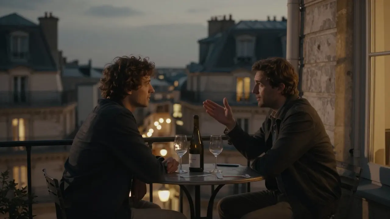 Two men share a quiet moment on a rooftop terrace in Paris, city lights twinkling below.