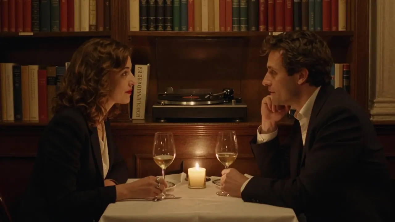 Two people in quiet conversation over dinner in a cozy Parisian bistro.