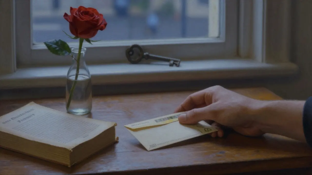 A cash envelope, a half-read Proust book, and a single rose on a wooden table at twilight, symbolizing trust.