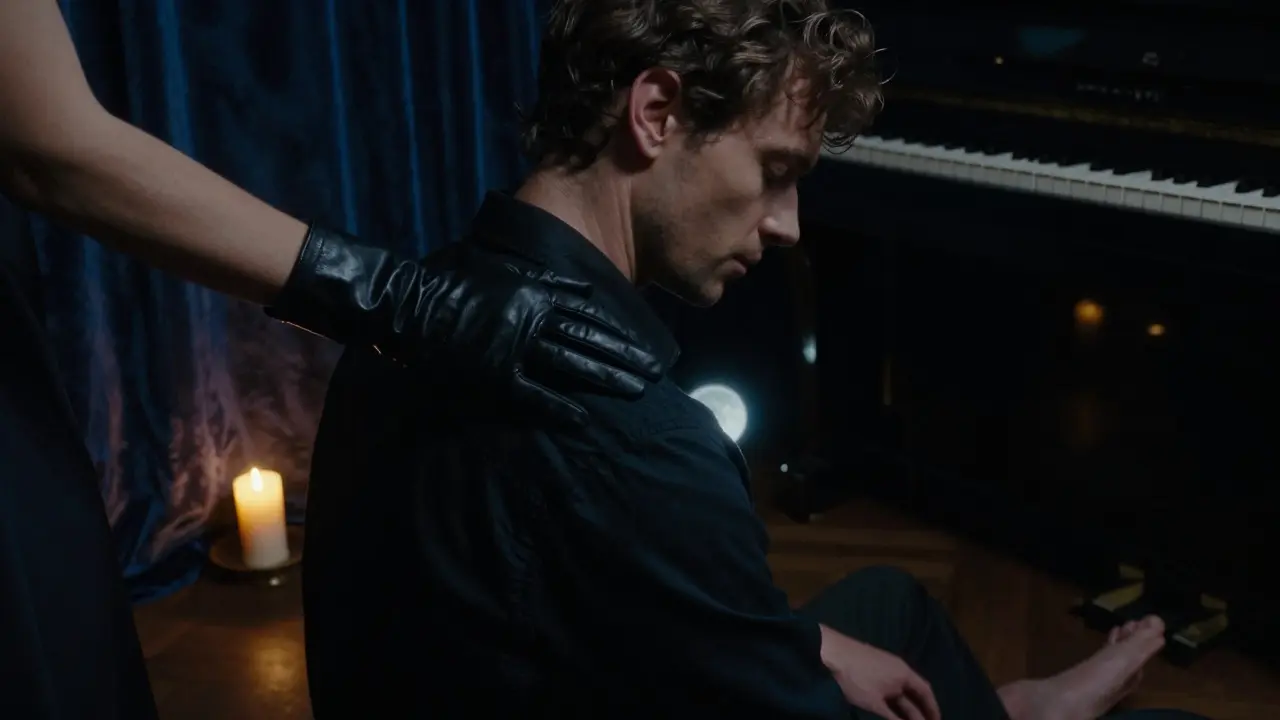 A gloved hand rests gently on a man's shoulder in a dimly lit Parisian room, conveying power through stillness.