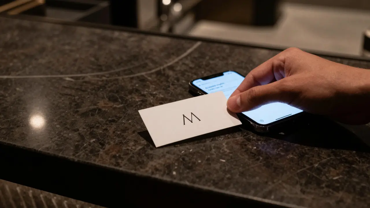 A minimalist business card and encrypted message on a smartphone, placed on a luxury hotel countertop.