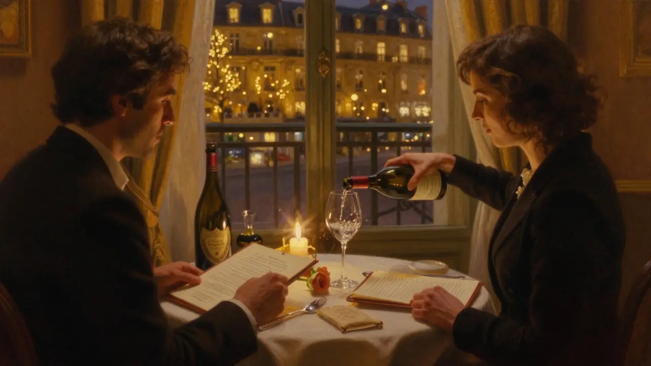 A private dinner at Le Cinq, with wine being poured under candlelight, fine linens, and a vintage champagne bottle on the table.