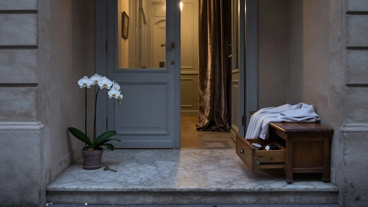 A single key lies under an orchid beside a folded robe in a quiet Parisian hallway, hinting at a private ritual.