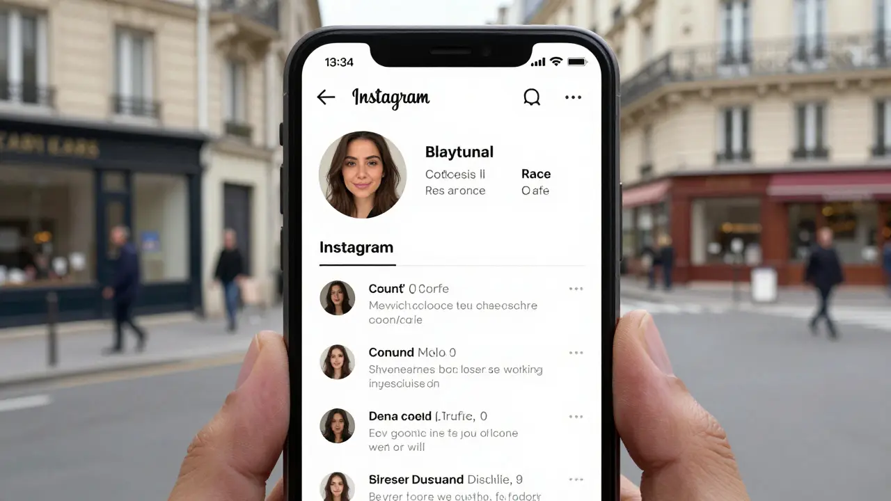 A smartphone screen displaying a genuine Instagram profile with a recent selfie and honest client comments.