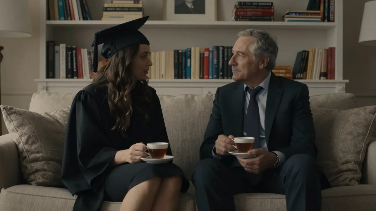 A woman and man sit calmly together in a softly lit apartment, sharing tea and conversation.
