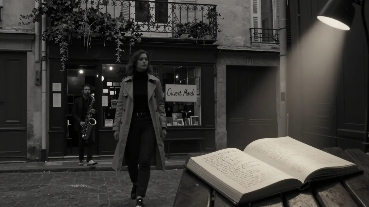 A woman and man walk past a hidden bookstore in Saint-Germain-des-Prés at twilight, jazz music drifting from a nearby alley.