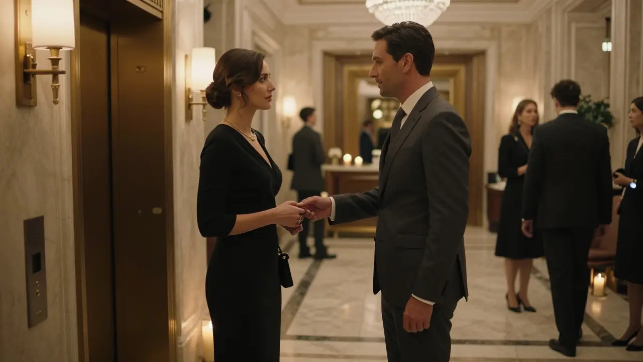 Client and escort meeting politely in a luxury hotel lobby, both dressed formally, conveying discretion and respect.