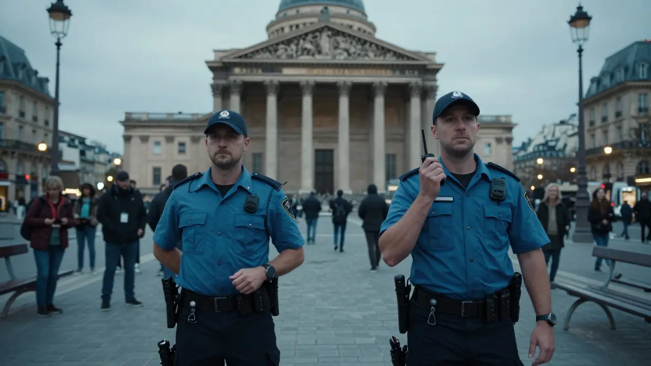 Paris police officers patrolling Place de la Contrescarpe with Pantheon in background.
