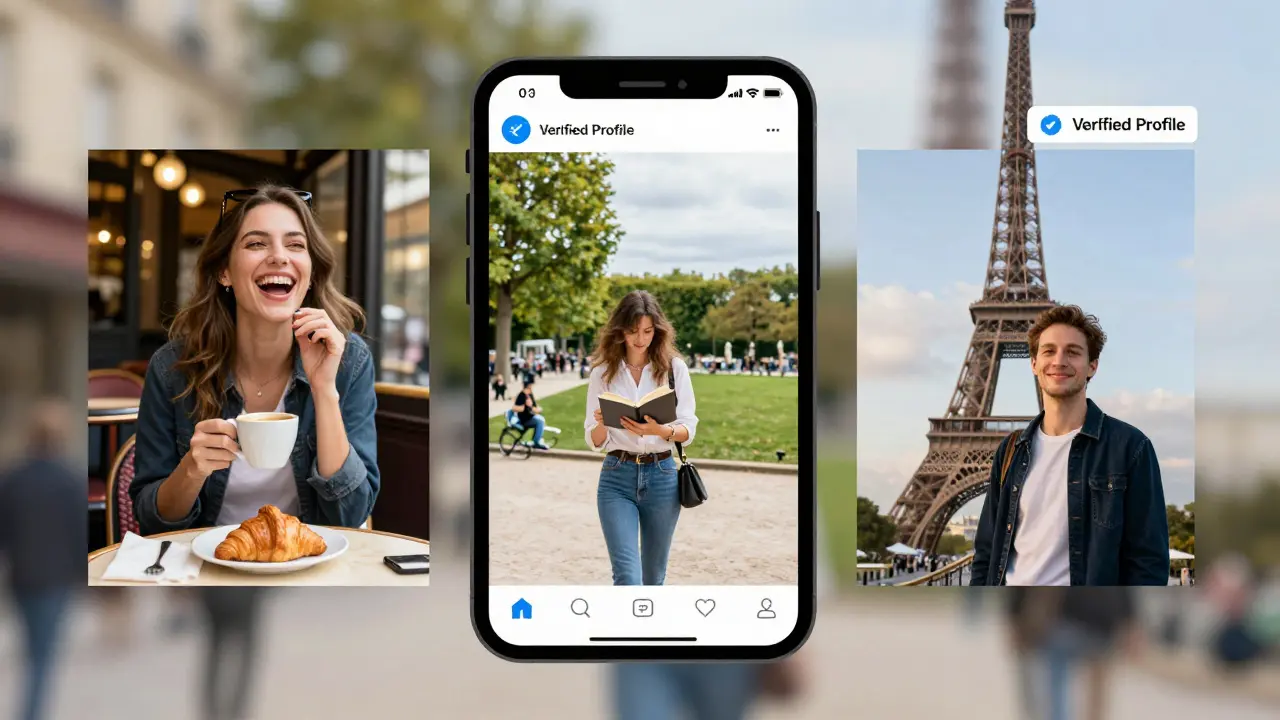 Three authentic photos of a woman in Paris: laughing in a café, walking in a garden, and smiling beside the Eiffel Tower at dusk.