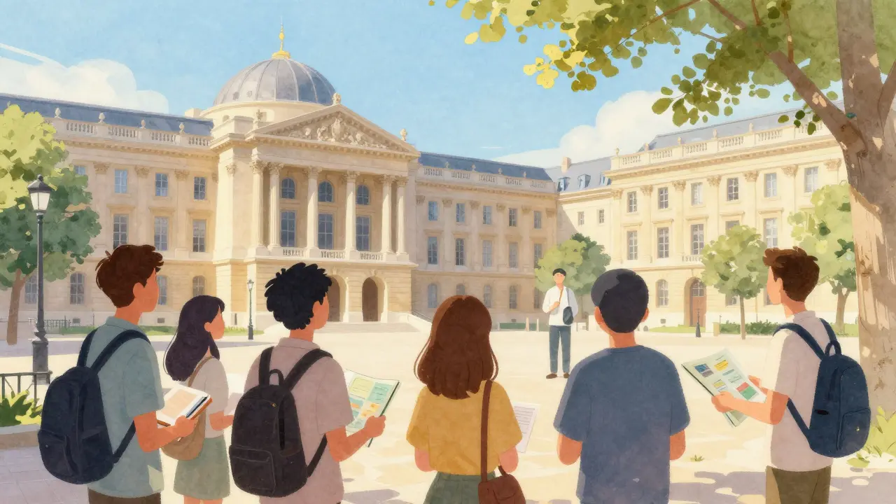 Tourists on guided tour outside Sorbonne University with books and maps.