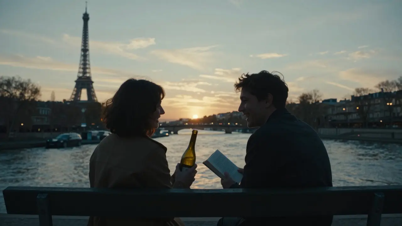 Two people enjoying wine and conversation on a Seine bench at sunset, silhouetted against the city skyline.
