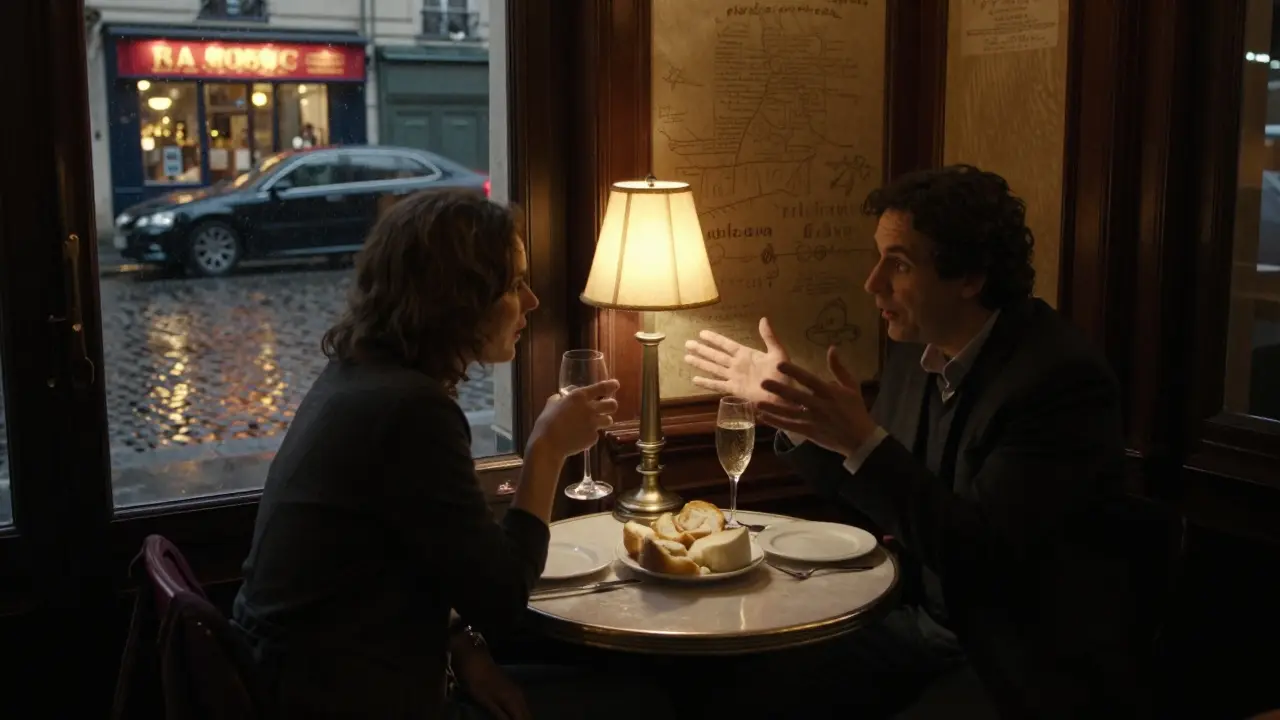 Two people having a quiet dinner in a Paris bistro, rain reflecting on the street outside, warm lamplight inside.
