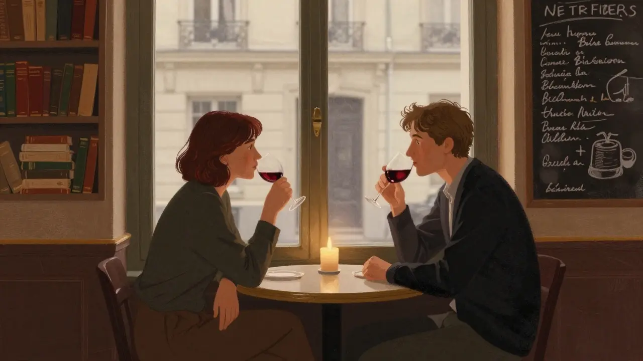 Two people in a cozy Parisian café sharing a quiet moment over wine and books, candlelight softly lit.