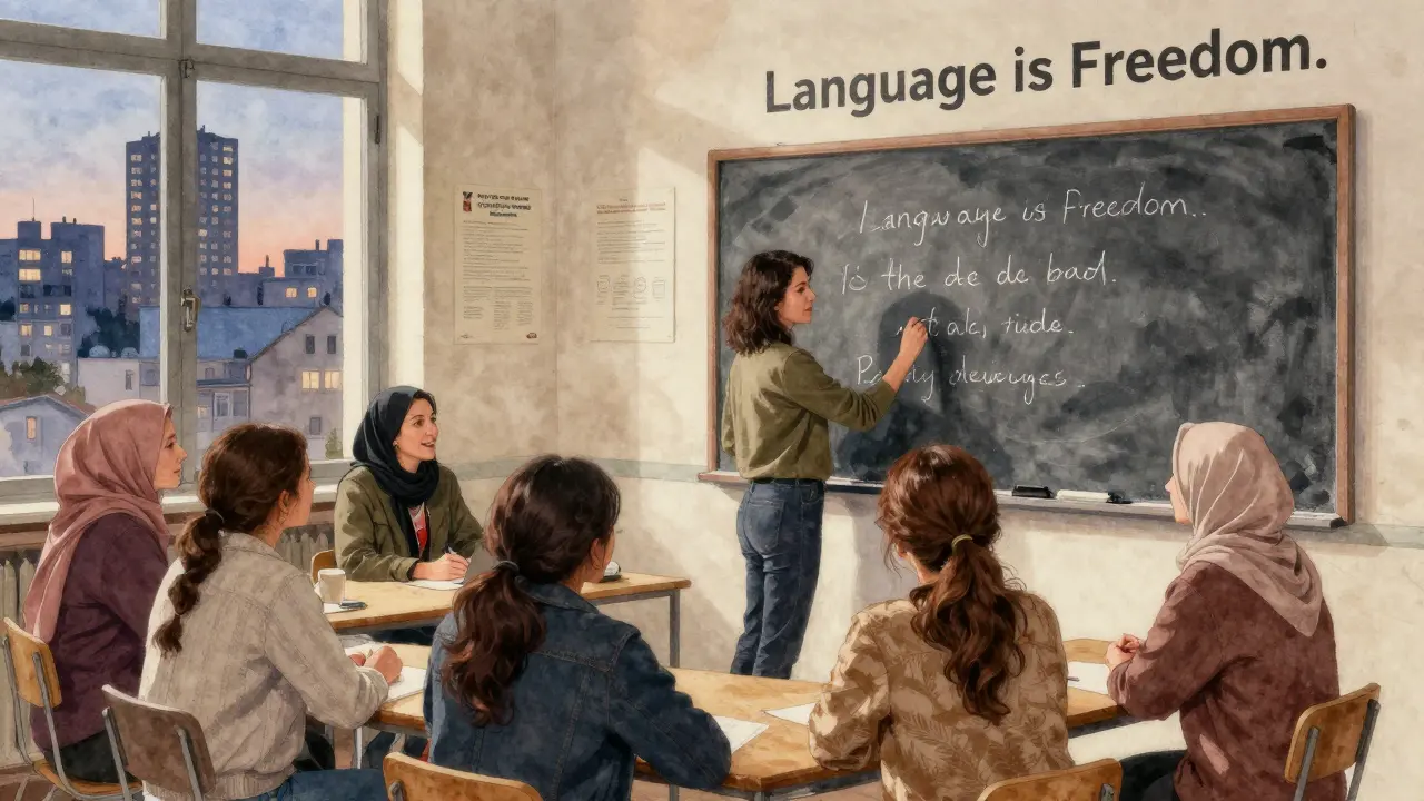 A former escort teaching French to immigrant women in a community center, with a chalkboard reading 'Language is Freedom.'