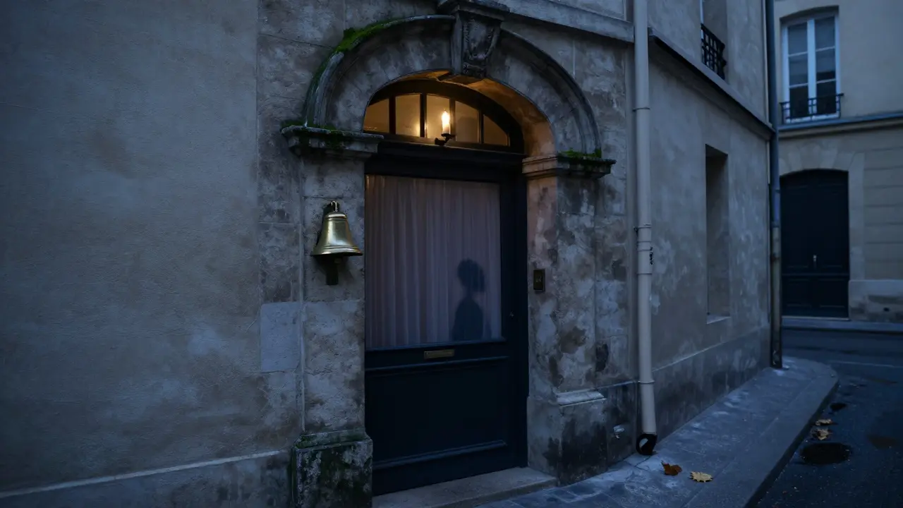 A hidden entrance with a worn brass doorbell and candlelit window in a quiet Parisian alley at night.
