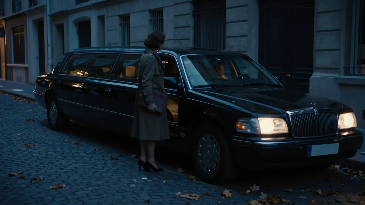 A logo-less black limousine waits in a quiet Paris alley, a woman steps out into the autumn morning.