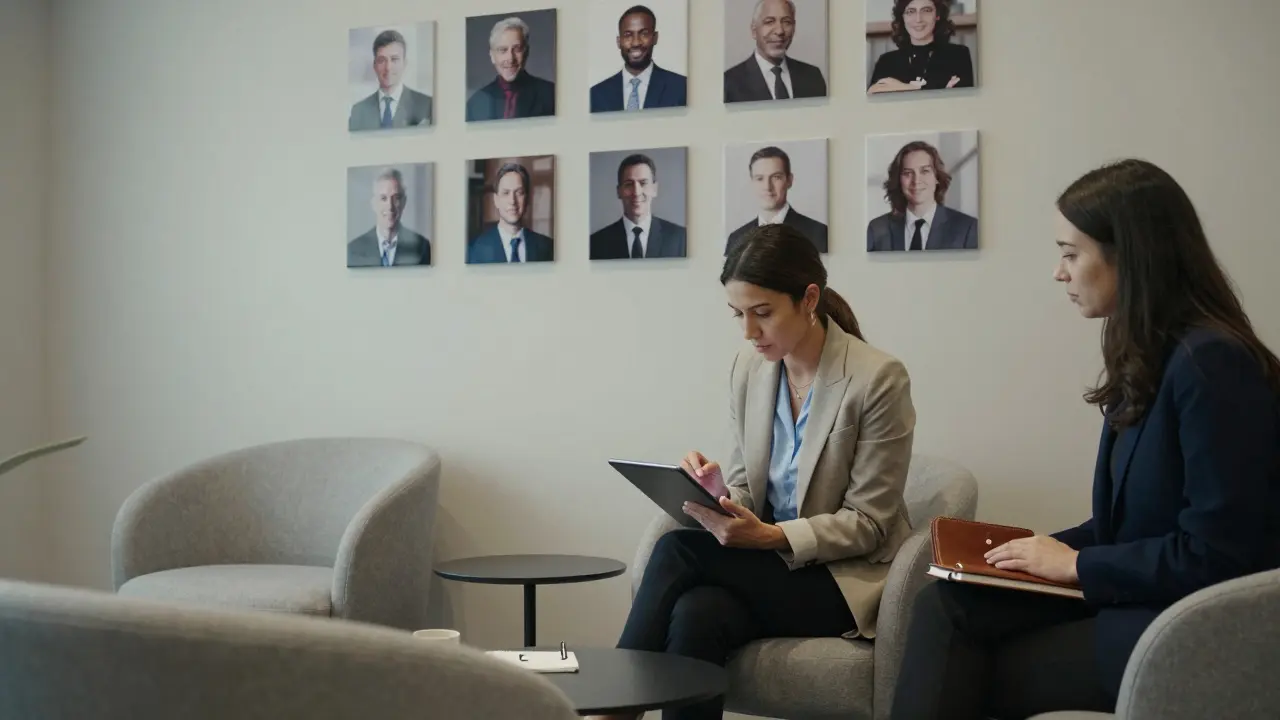 A professional escort agency lounge with discreet lighting and profile photos, exuding elegance and privacy.