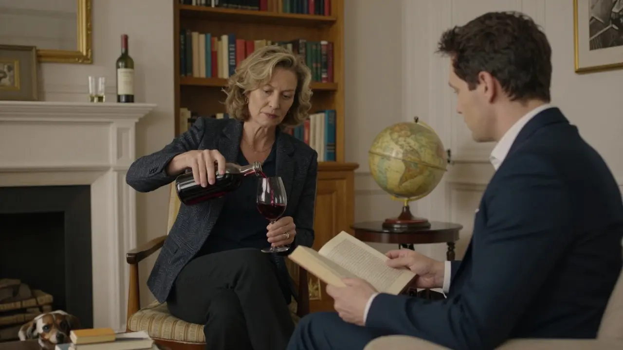 A woman and man engaged in quiet conversation over wine and books in a softly lit Parisian apartment.